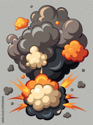 Cartoon explosive smoke clouds in manga style with dark effects