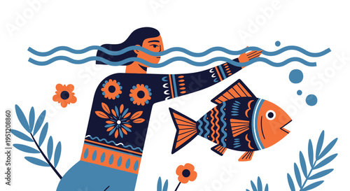 Woman fishing folk vector