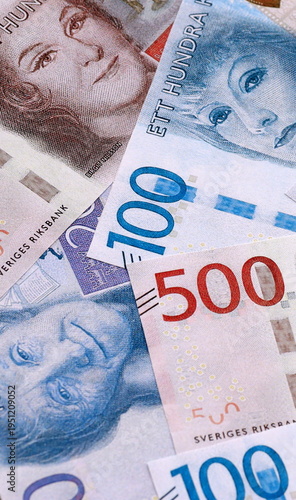 Photos Swedish krona money bills pile on table