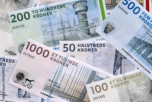 Wallpaper Mural Danish krone money bills pile on table. Denmark banknotes of DKK currency close up. Torontodigital.ca