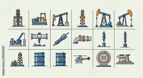 Oil Industry Icons - Detailed Pixel Art Depicting Various Aspects of Oil Production and Infrastructure.