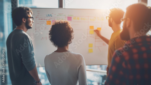 Mixed race team collaboration in office meeting, around a whiteboard sketching a product roadmap in morning light, brainstorming and planning with startup energy and focused mood.