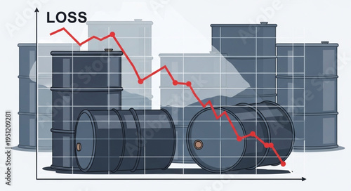 Oil Price Crash - Barrels and a Declining Graph Illustrate Financial Loss.