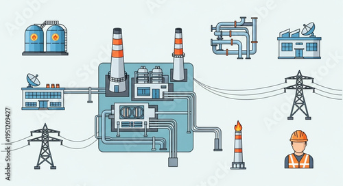 Detailed Illustration of a Modern Power Plant and Energy Infrastructure.