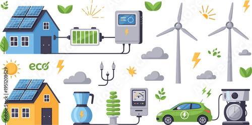 Eco Friendly Renewable Energy Icons Collection with Solar House, Wind Turbines, Electric Car Charging, Battery Storage and Sustainable Power Technology Elements