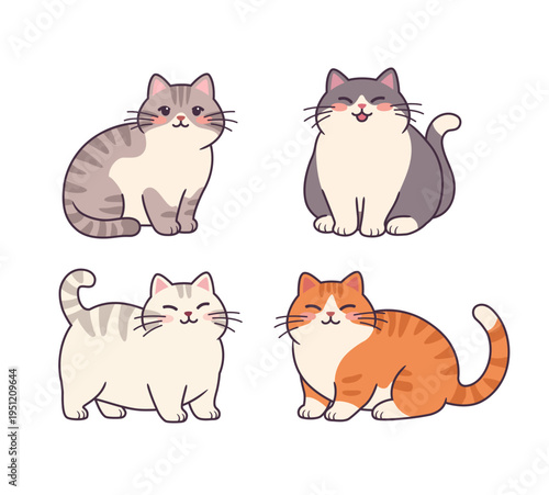 Cute cats. A set of large cats. Vector illustration of cartoon cats on isolated background.