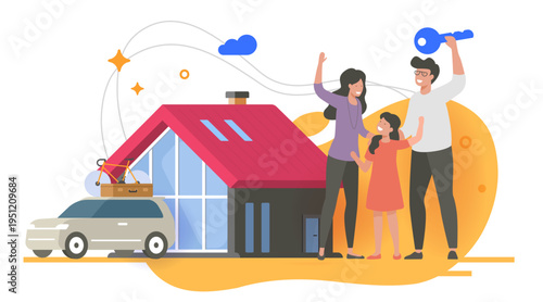 Family moving to new home icon vector, parents with key with children happiness joy of relocation to modern house graphic illustration design, concept of estate property ownership purchase buy drawn
