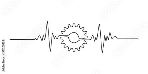 Industrial heart beat line art drawing with gear icon integrated into pulse wave graphics