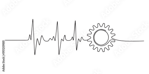 Minimalist heartbeat waveform following mechanical gear outline in single line art drawing