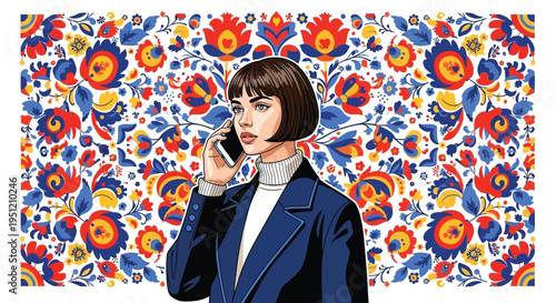 Woman phone floral vector