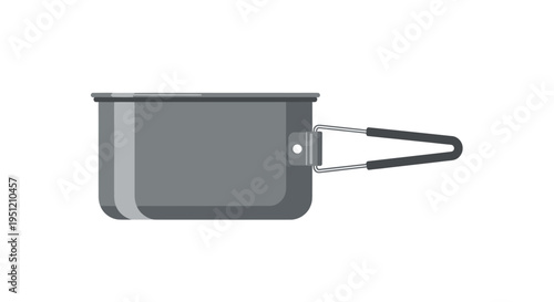 Gray metal camping pot with handle.