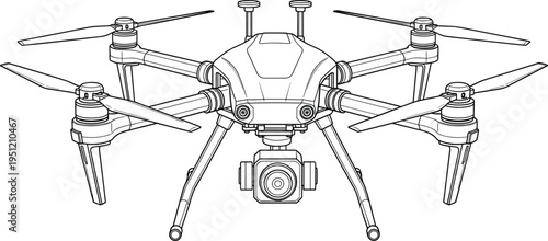 "Detailed line drawing of modern quadcopter drone with four rotors, angular body, mounted gimbal camera, and landing gear, representing aerial photography, surveillance, delivery, and technology 