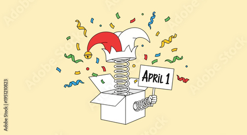 Jester hat jack-in-the-box popping out with April 1 sign and confetti, isolated on transparent background