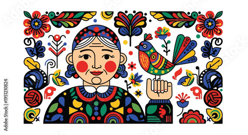 Folk woman bird vector