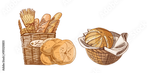 Hand drawn vintage bread basket baguette buns wheat and scoop rustic bakery food illustration set