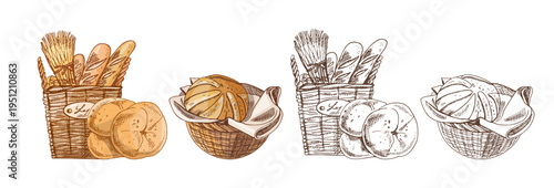 Hand drawn vintage bakery set with bread basket buns baguette wheat scoop color and monochrome illustration
