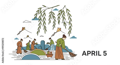 Traditional Chinese spring activities with people sweeping and flying kites under willow tree, isolated on transparent background