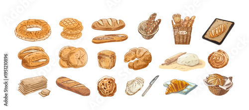Hand drawn vintage bakery collection with bread croissant baguette pretzel pastry set color illustration