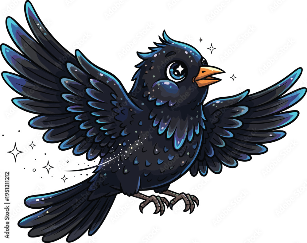 Naklejka premium Cute magical black bird with sparkling stars fantasy raven cartoon character flying wildlife vector illustration isolated background