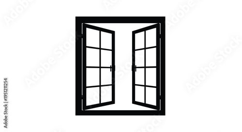 Black and white illustration of an open window with a simple frame
