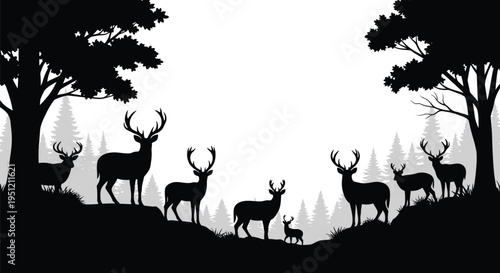 Silhouette of deer family amidst a forest landscape at twilight