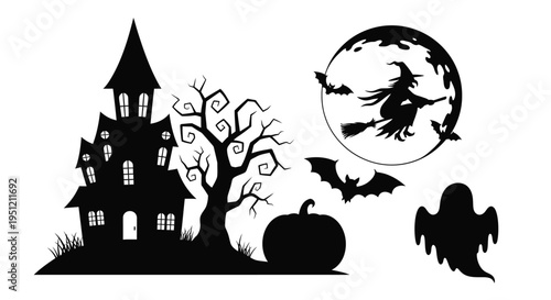 A spooky halloween scene with a haunted house witch and ghost