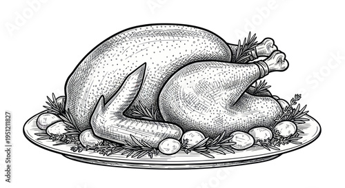 Vintage Style Roasted Chicken Dinner with Potatoes and Herbs