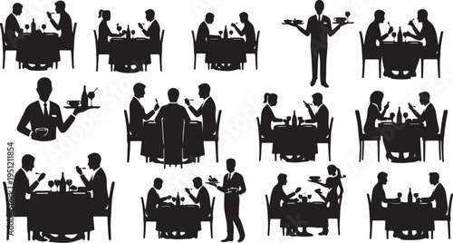Silhouettes of people dining and socializing in various settings together