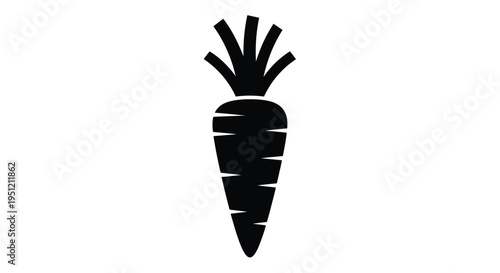 Simple black silhouette of a carrot with green leafy tops