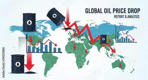 Global Oil Price Drop Analysis with World Map and Barrels.