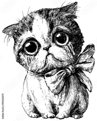Vector sketch of a cute crying kitten with a bow tie, black and white ink drawing style, isolated on white