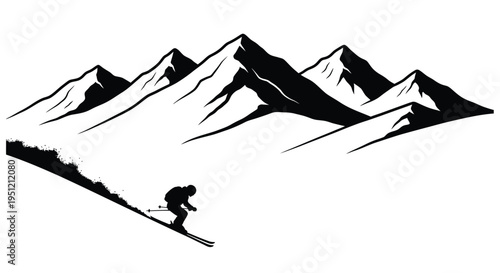 Silhouetted skier descends a steep mountain slope in a black and white scene