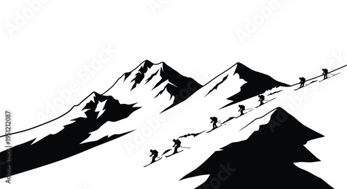 Silhouetted skiers ascend a steep jagged mountain range in winter