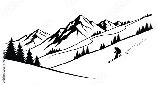 A lone skier descends a snowy mountain slope amidst pine trees