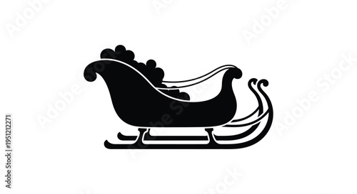 A black silhouette of a classic ornate sleigh with curved runners