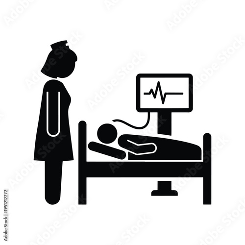 Nurse on ICU Duty Icon Vector Silhouette - Nurse beside Hospital Bed
