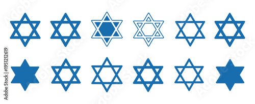 Star of David icons set, blue David stars collection, Jewish hexagram symbol, vector illustrations for Hanukkah, religious celebrations, and decorative design