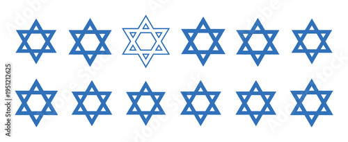 Star of David icons set, versatile blue hexagram symbols, Jewish star icons for Hanukkah, cultural and religious vector illustrations