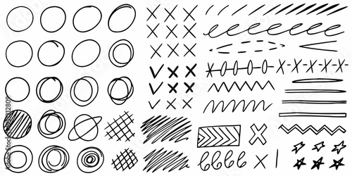 Collection of hand drawn doodles and abstract black lines on white