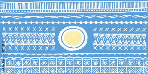 Blue and white hand drawn doodle patterns create a decorative border