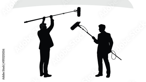 Film crew members operating lighting and camera equipment on a set isolated on white background, Vector, illustration