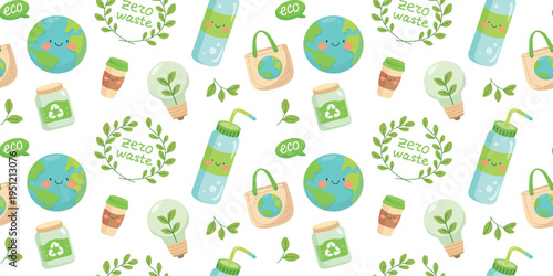 Cute eco seamless pattern with earth water bottle recycling jar and zero waste elements