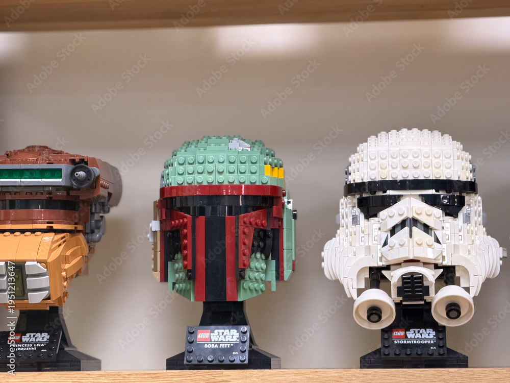 Fototapeta premium Lego star wars helmet models on shelf