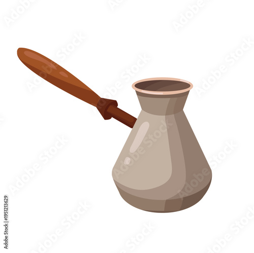 Traditional Turkish coffee pot (cezve) with wooden handle, illustrated in flat cartoon style. Minimal isolated design of classic coffee brewing utensil, ideal for cafe, kitchen, and cultural beverage 