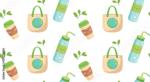 Sustainable lifestyle seamless pattern with reusable cup water bottle and eco tote bag