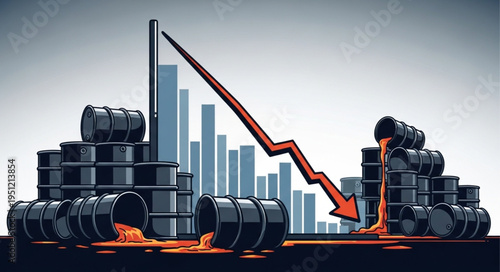 Oil Price Decline - Barrels, Graph, and Downward Arrow Depicting Economic Downturn.