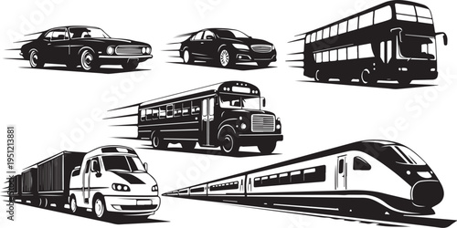 Various Transportation Vehicles in Motion Silhouette Illustration Set