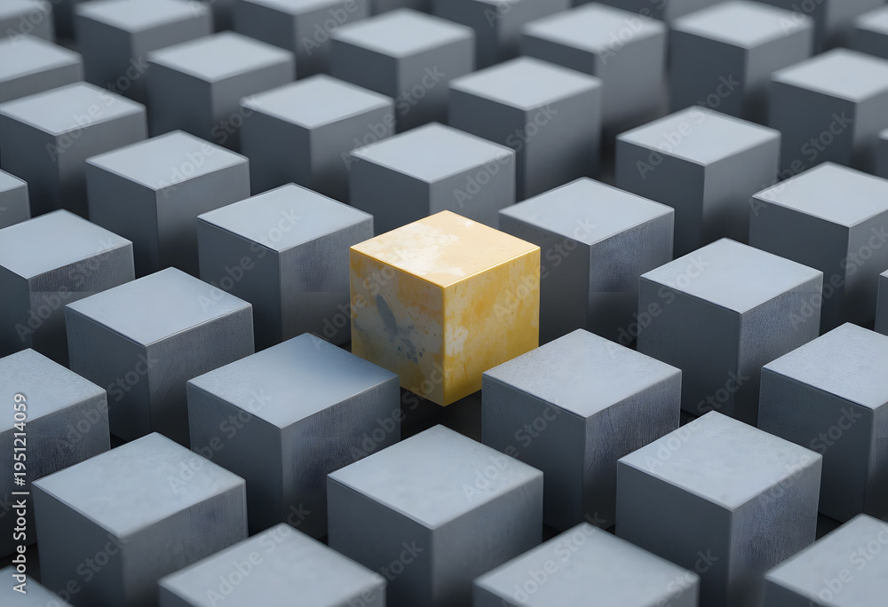 Obraz premium Floating Yellow Cube Among Gray Cubes