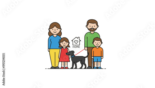 Hand drawn family with pet shelter dog adoption animal rescue kindness togetherness social responsibility concept Easter holiday