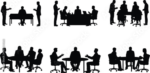 Silhouettes of business people in meeting and discussion settings on a white background vector illustration